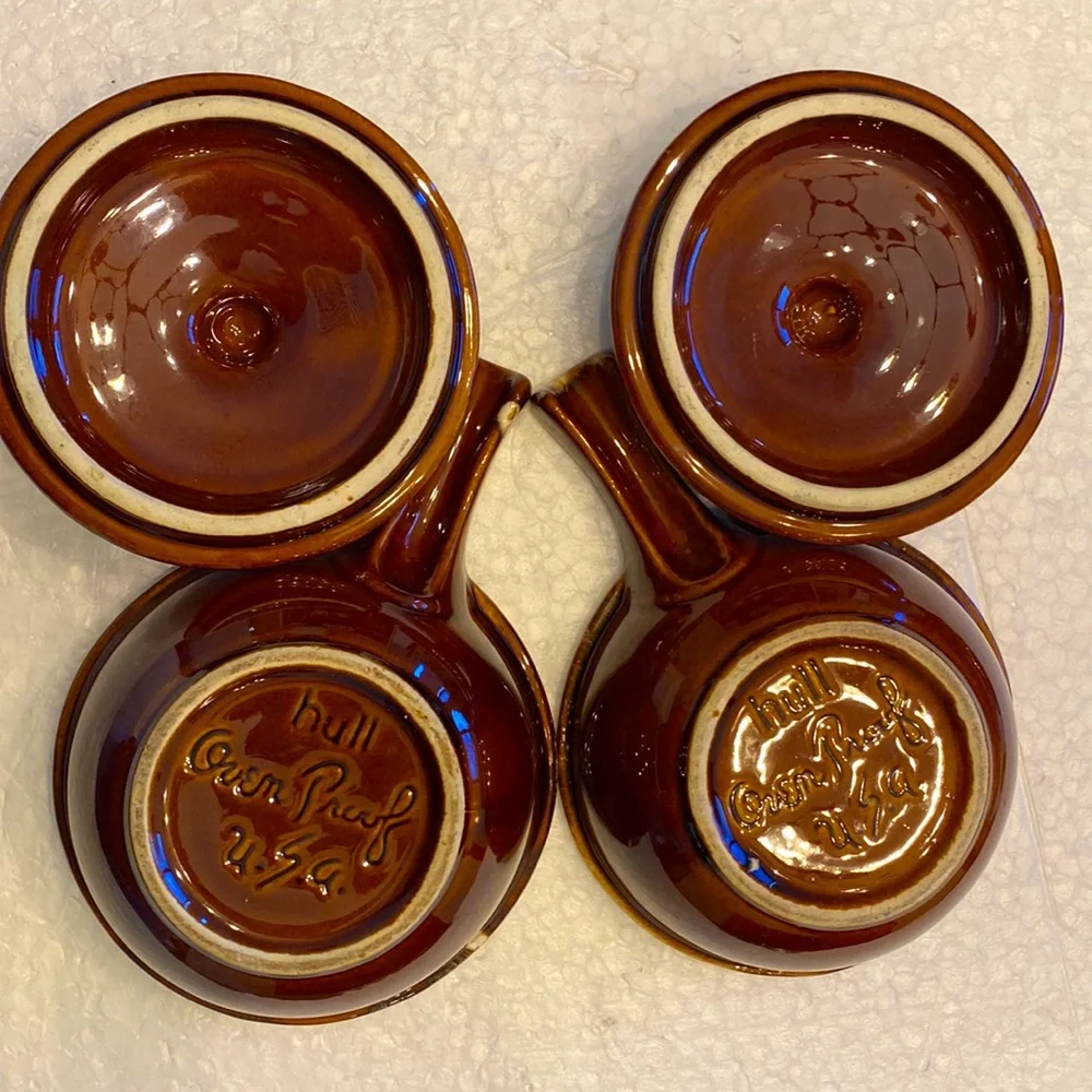 HULL POTTERY Oven Proof Brown Dip Glaze Set of 2 Chili Soup Bowls w/Handle